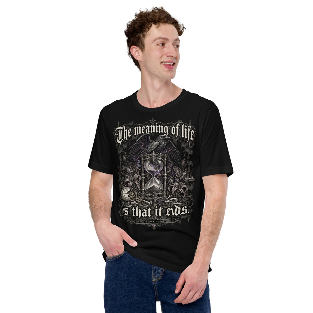 Men's black graphic tee worn by model, front print with ornate hourglass and text