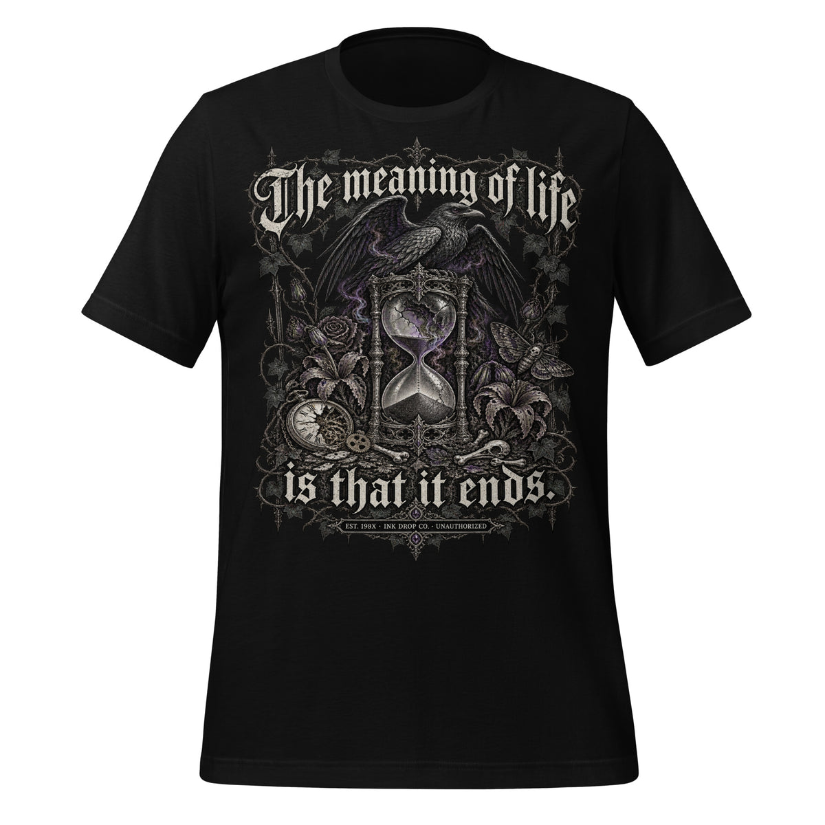Men's black graphic tee with ornate hourglass and gothic text front print