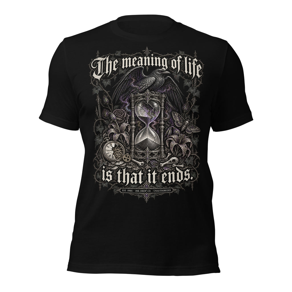 Women's black graphic tee with hourglass graphic and 'The meaning of life' text