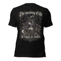 Women's black graphic tee with hourglass graphic and 'The meaning of life' text