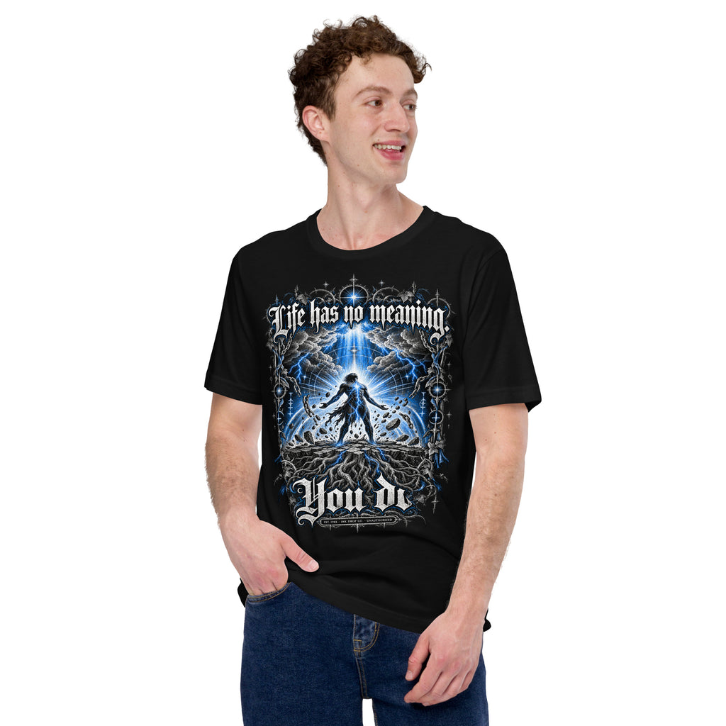 Men's black graphic tee with blue and gray front quote and artwork