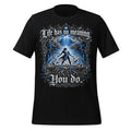 Men's black graphic tee with blue front text and skull lightning illustration
