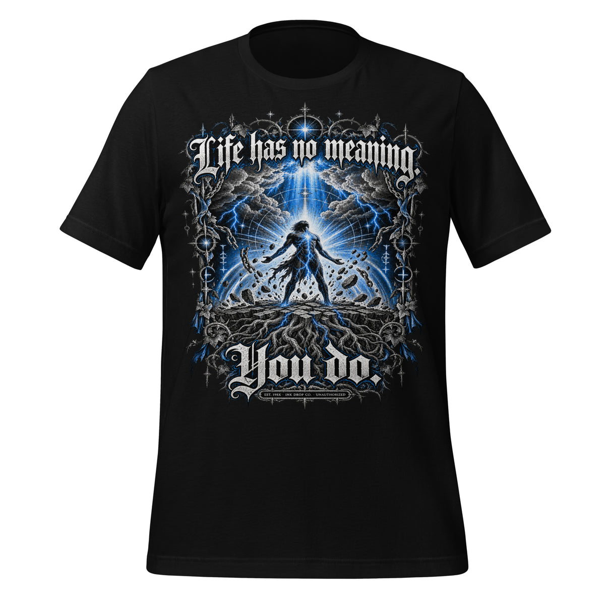Men's black graphic tee with blue front text and skull lightning illustration