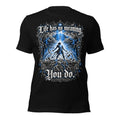 Black women's graphic tee with blue electric angel and 'Life has no meaning' print