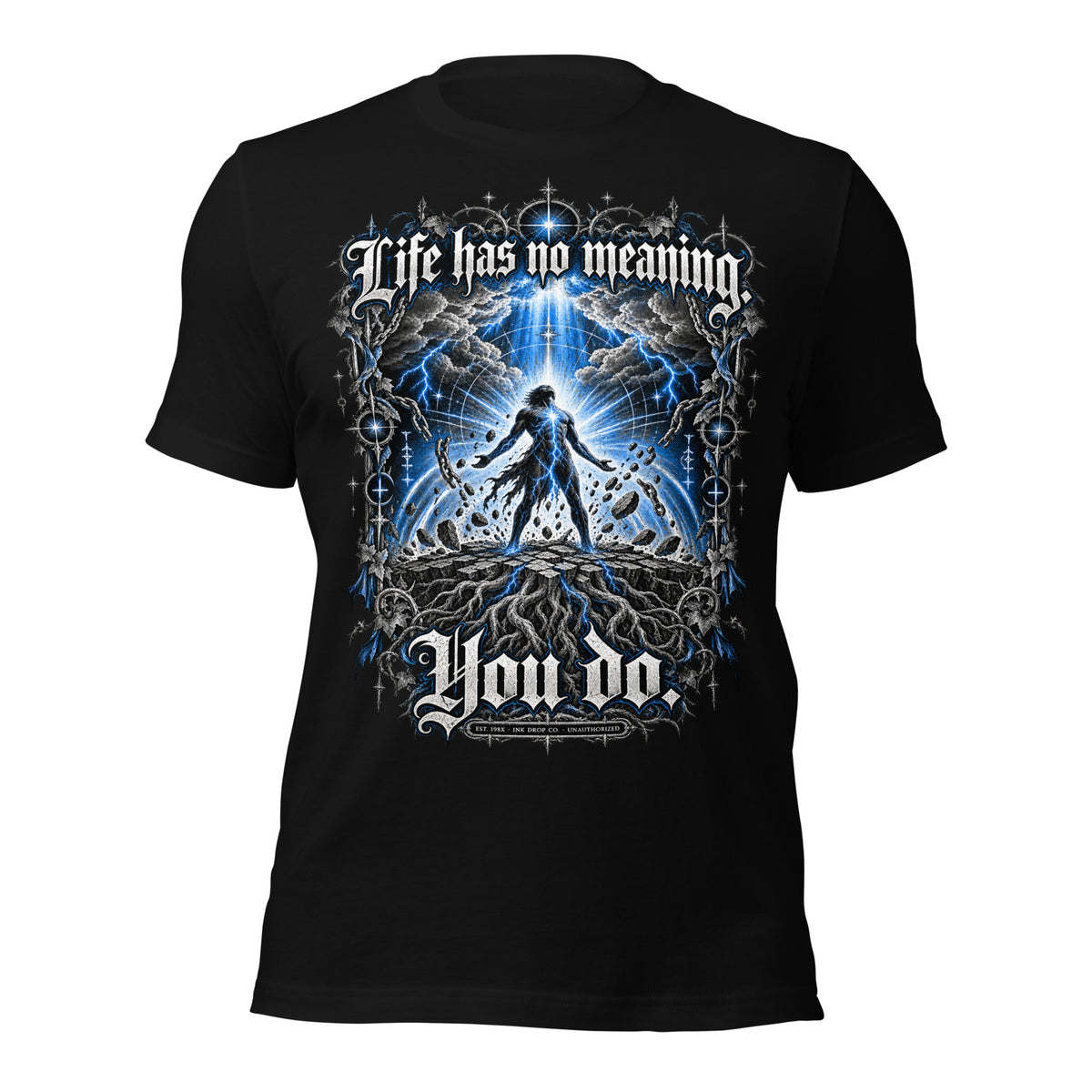 Black women's graphic tee with blue electric angel and 'Life has no meaning' print