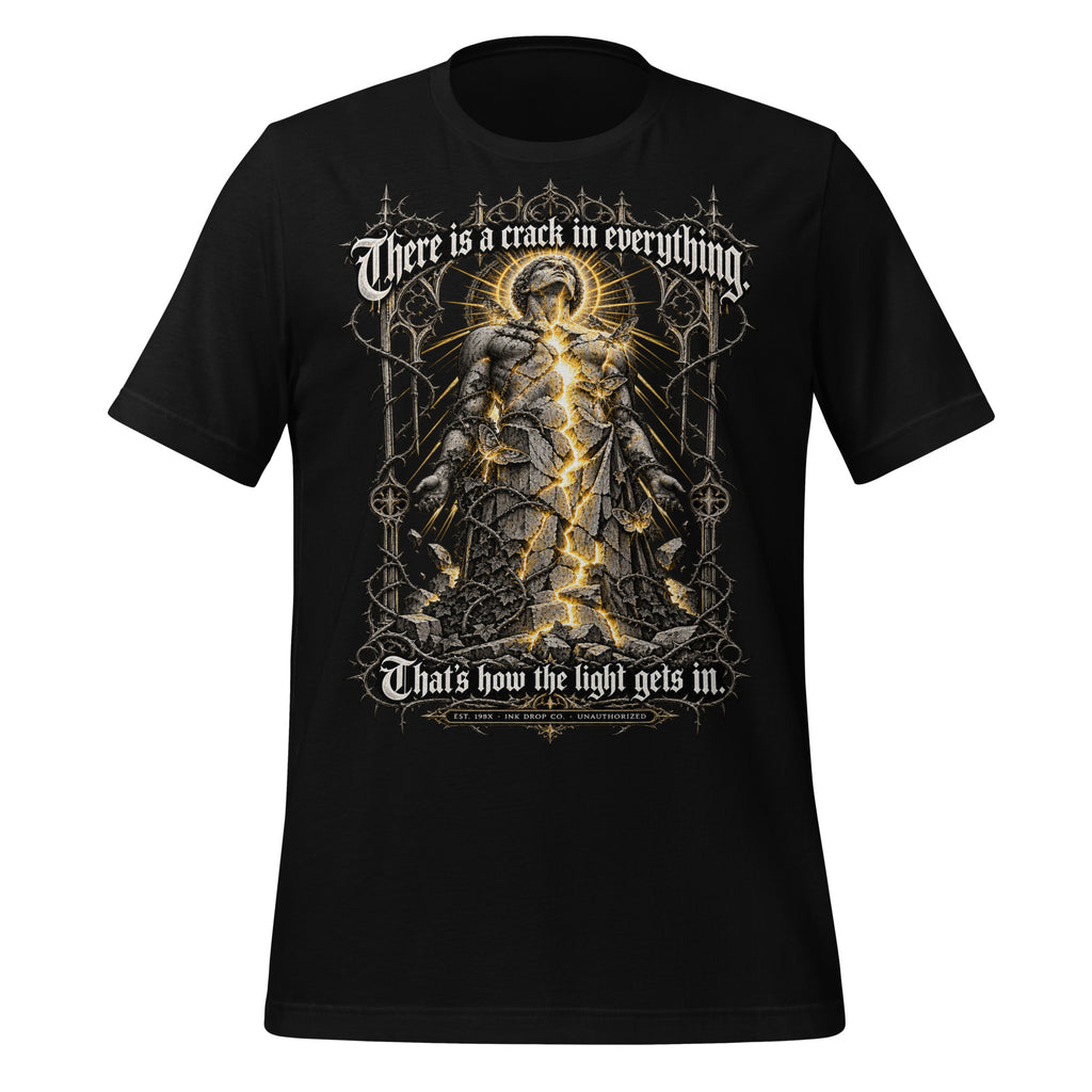 Black unisex graphic tee with angel artwork and gothic text at center.
