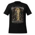 Black unisex graphic tee with angel artwork and gothic text at center.
