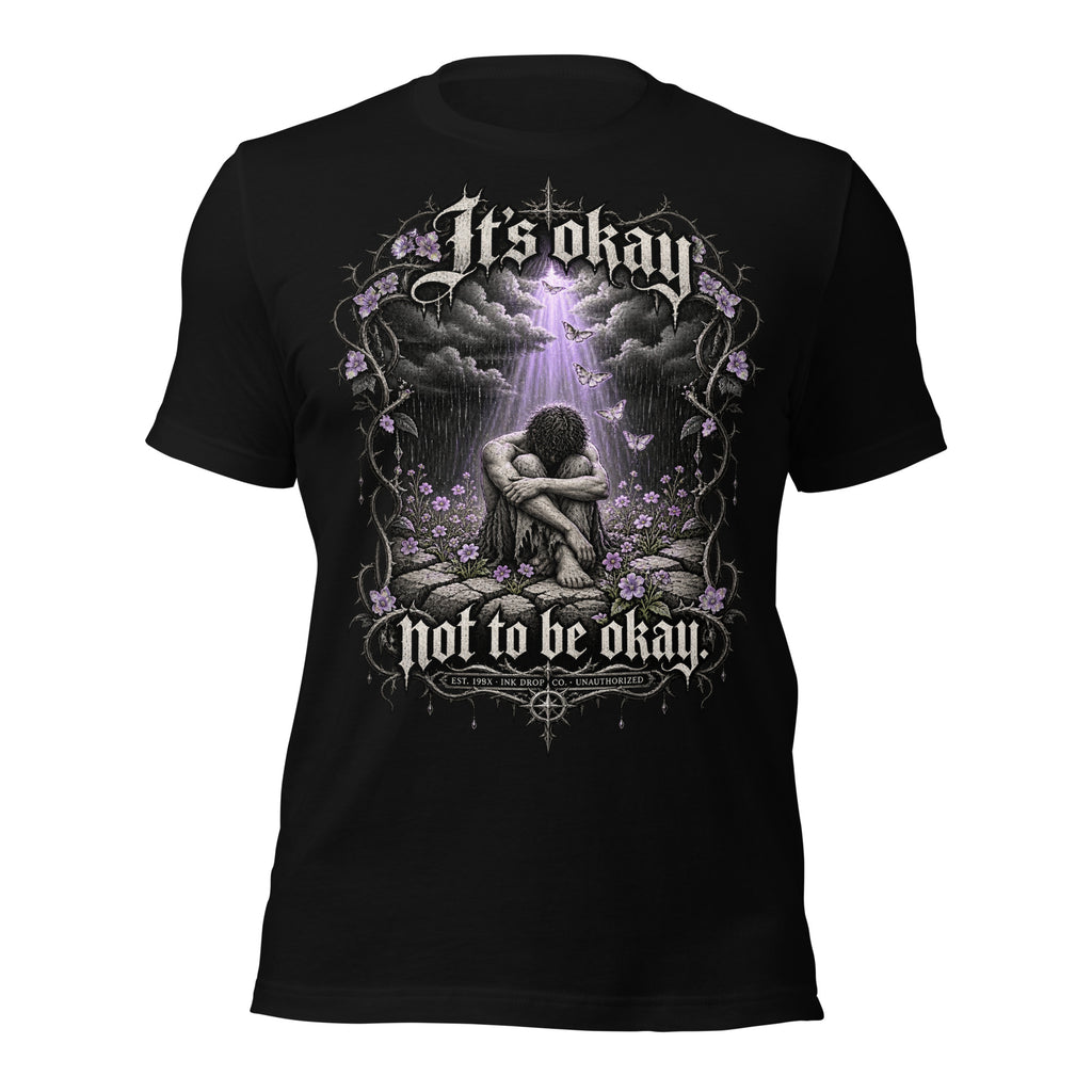 Black unisex graphic T-shirt with front print of a kneeling figure and fantasy arch