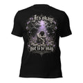 Black unisex graphic T-shirt with front print of a kneeling figure and fantasy arch