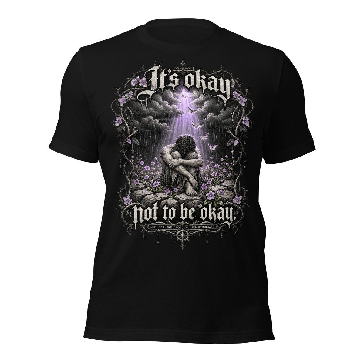 Black unisex graphic T-shirt with front print of a kneeling figure and fantasy arch