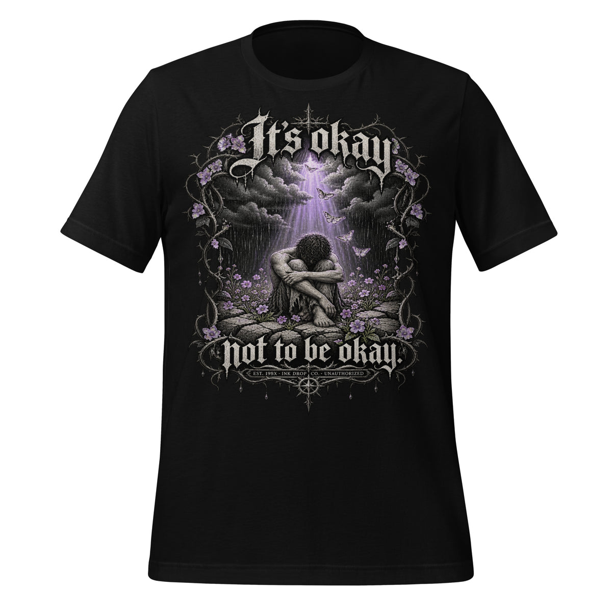 Black unisex graphic T-shirt with front print featuring clouds, flowers, and a kneeling figure