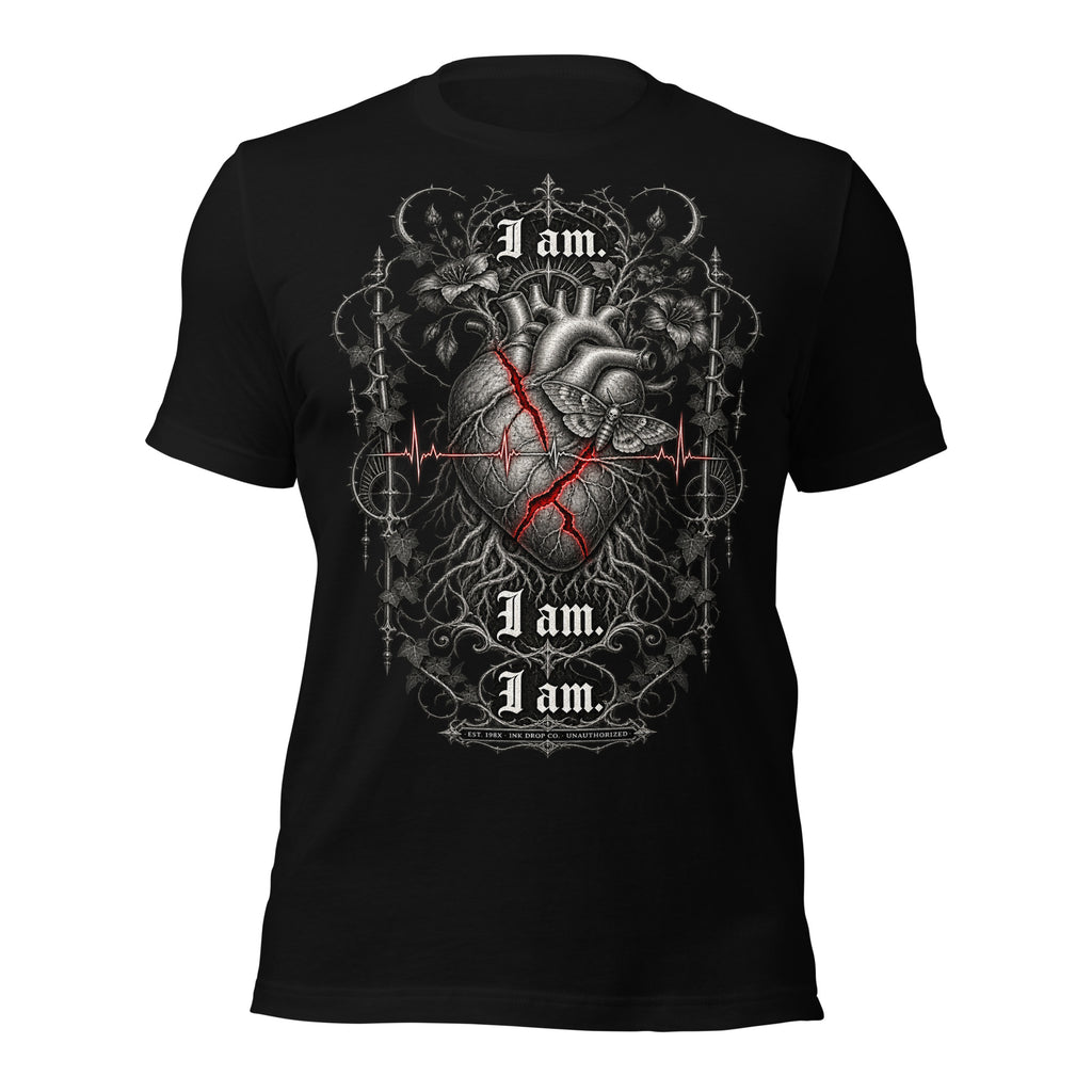 Unisex graphic T-shirt in black, front heart design with red lines and “I am” text