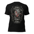 Unisex graphic T-shirt in black, front heart design with red lines and “I am” text