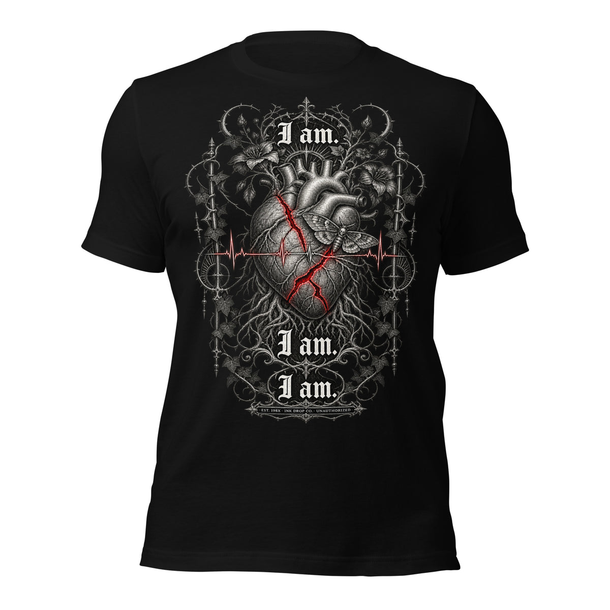 Unisex graphic T-shirt in black, front heart design with red lines and “I am” text