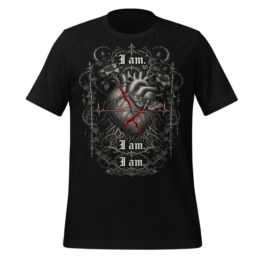 Unisex graphic T-shirt in black, chest heart artwork with red accents and repeated “I am”