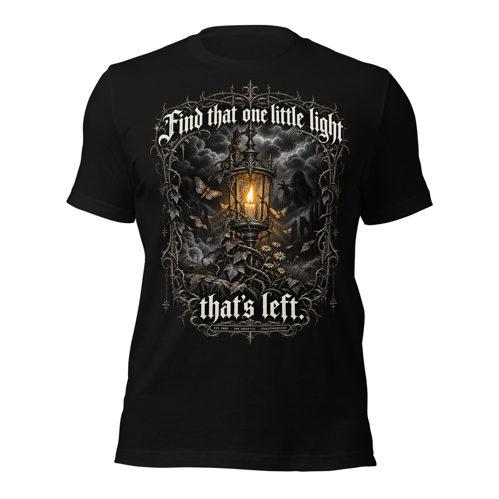 Unisex black graphic T-shirt with back print of lantern, bats, and ornate border