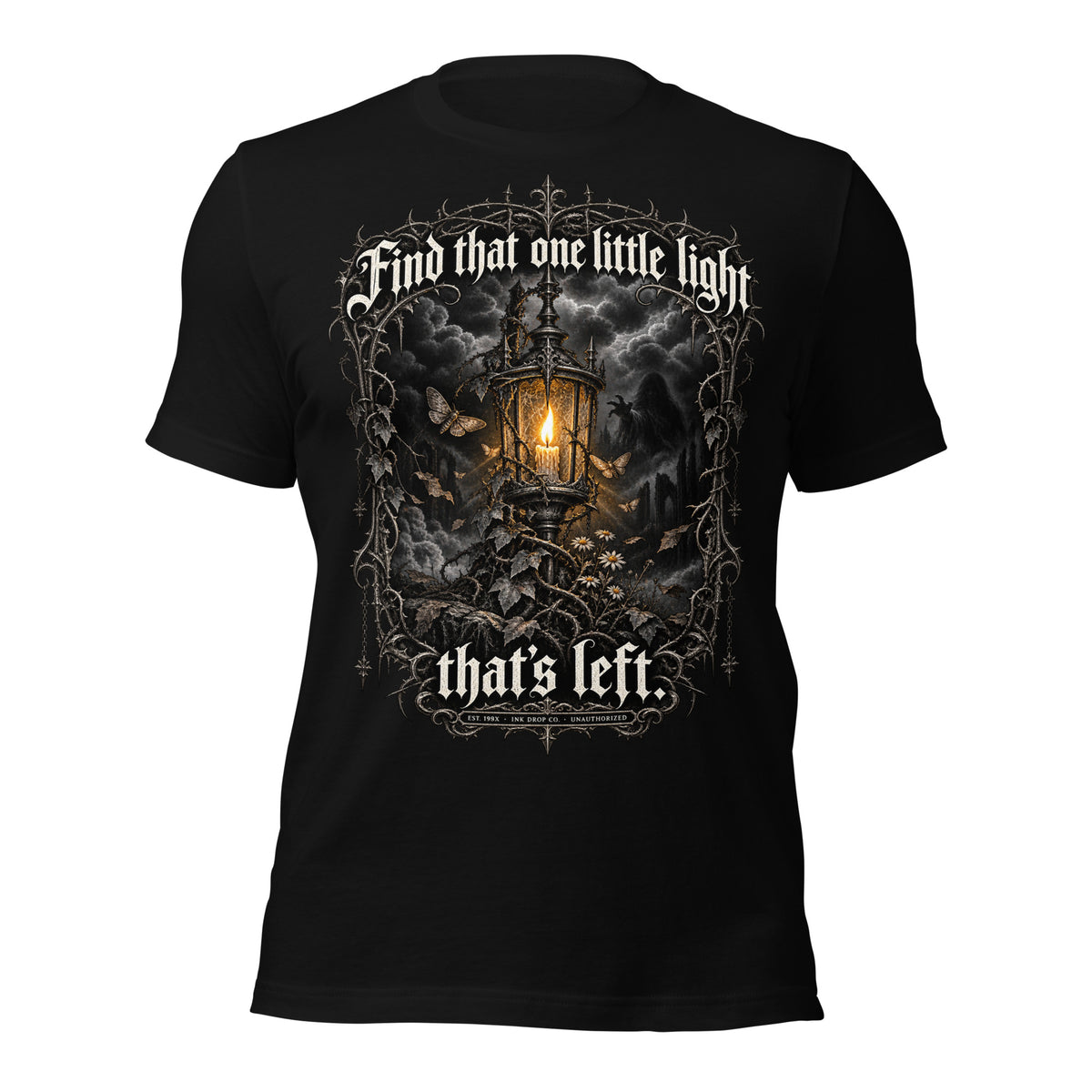 Unisex black graphic T-shirt with back print of lantern, bats, and ornate border