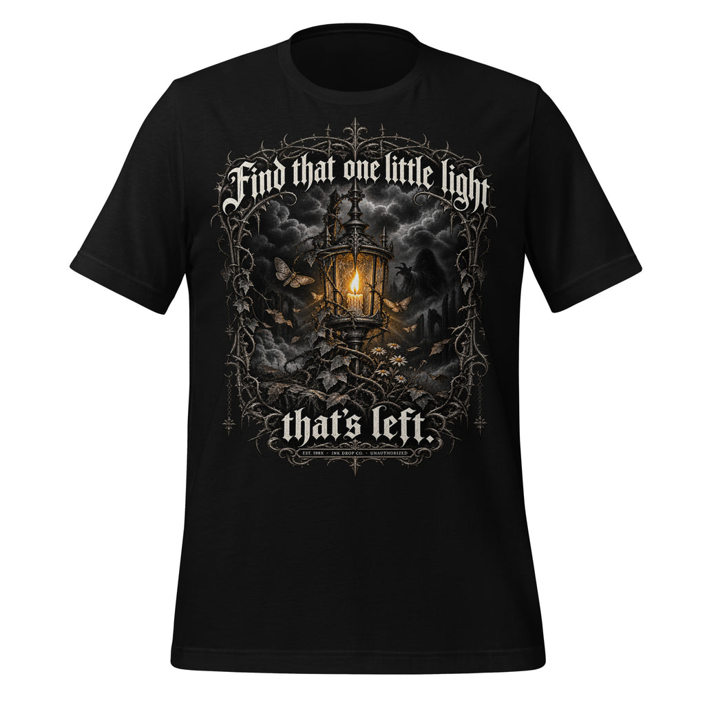 Unisex black graphic T-shirt with front print of glowing lantern and gothic scene