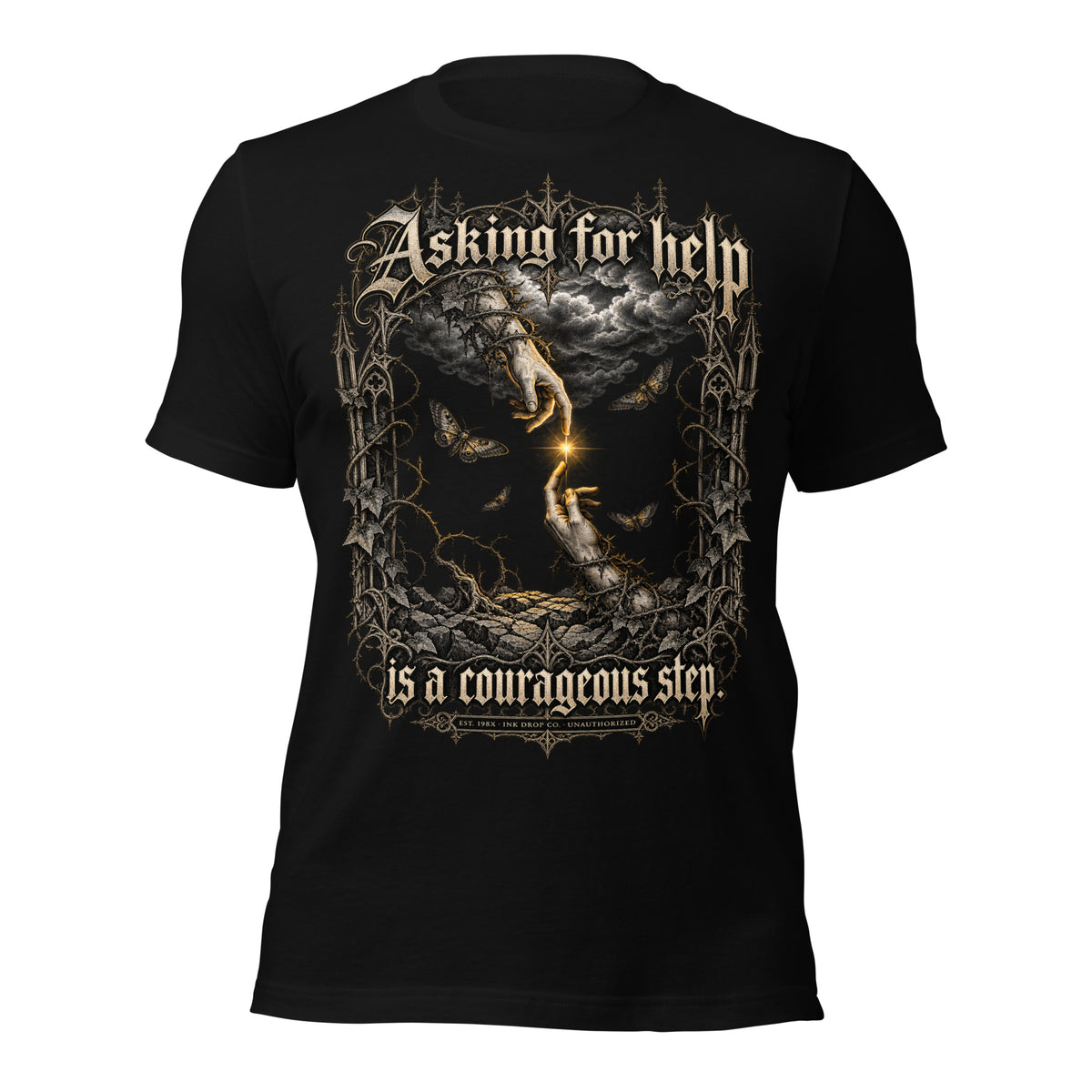 Black unisex graphic tee with front fantasy wolf rider print