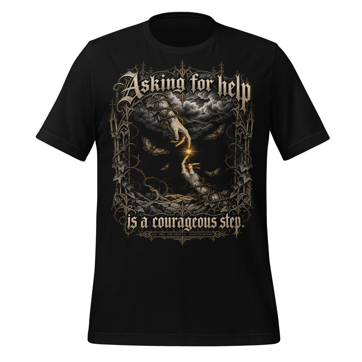 Black unisex graphic tee front view with full fantasy wolf rider design