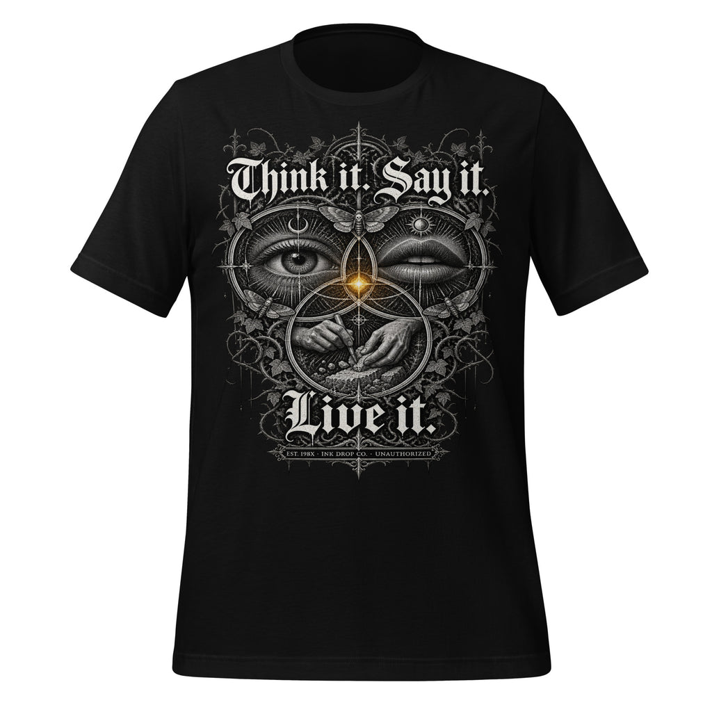 Black unisex graphic tee, front centered face-eye graphic with text