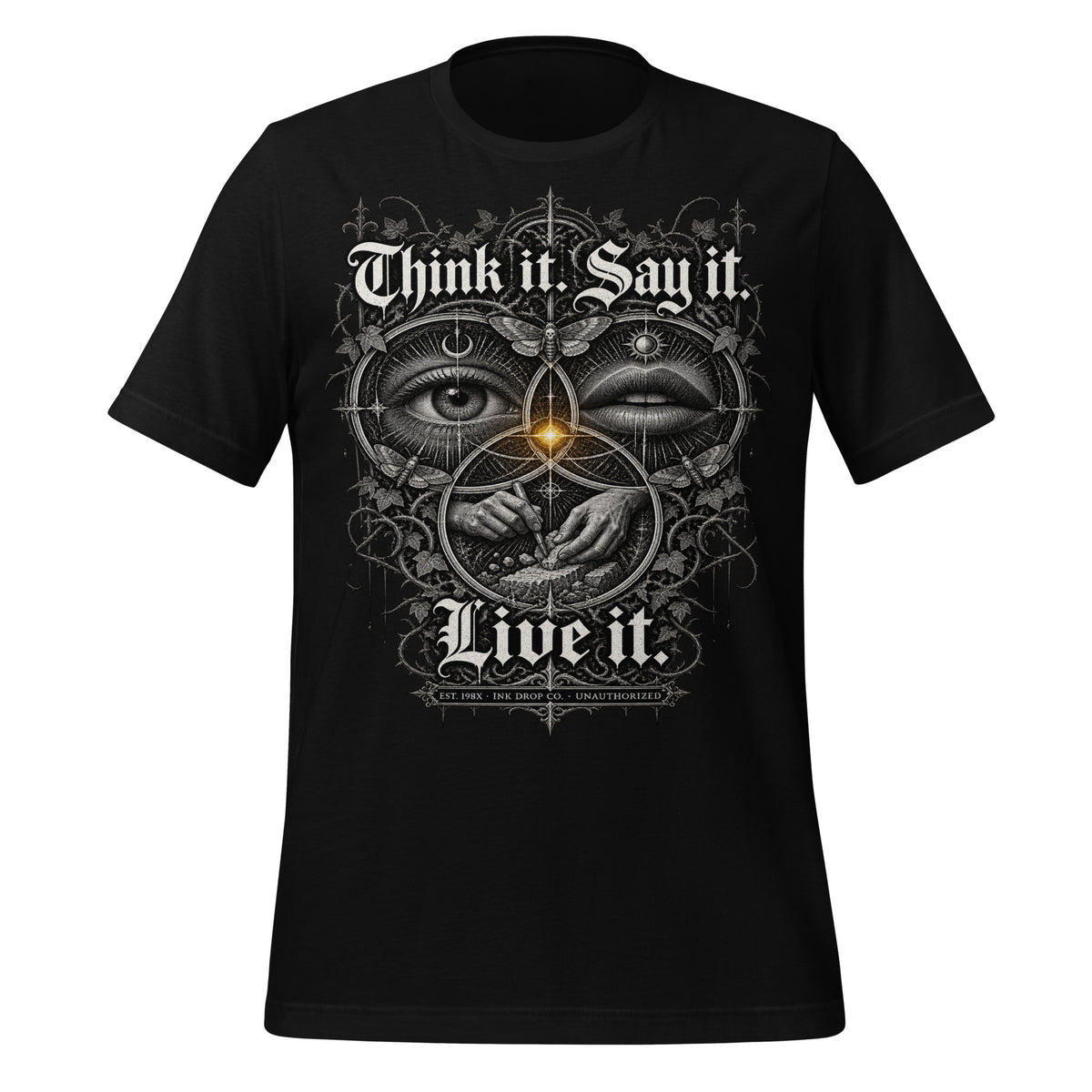 Black unisex graphic tee, front centered face-eye graphic with text