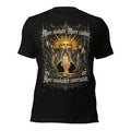 Black unisex graphic tee with gold-and-copper church scene front print