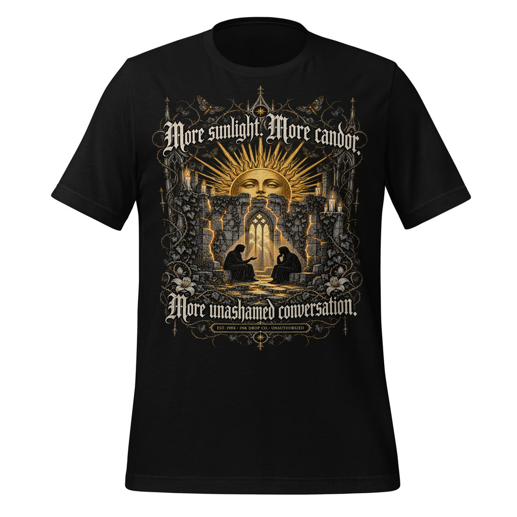 Black unisex graphic tee with gold-and-copper logo front graphic print