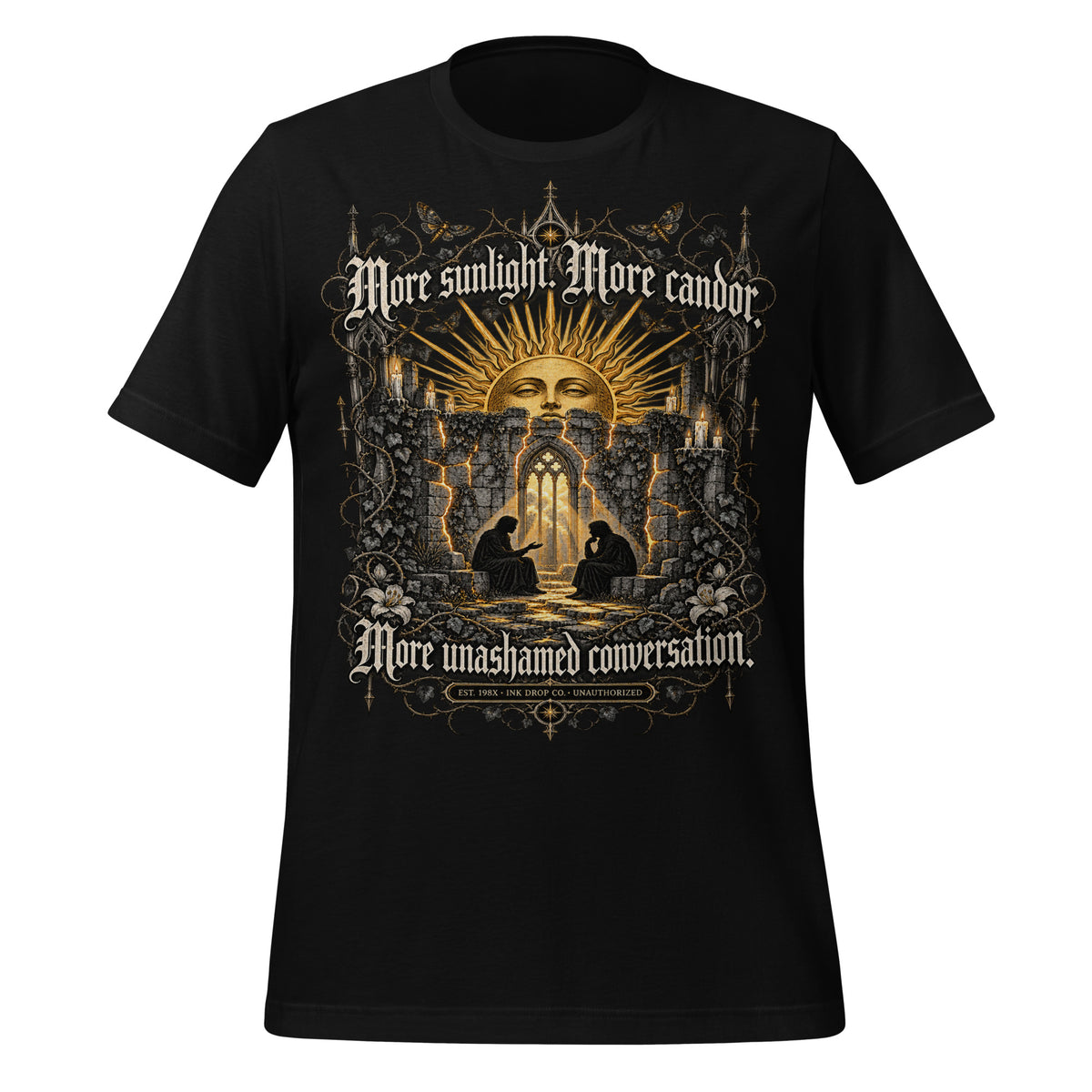 Black unisex graphic tee with gold-and-copper logo front graphic print