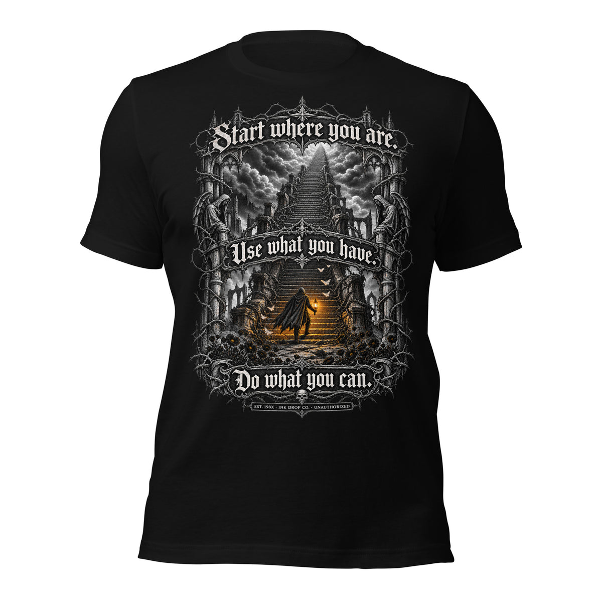Black unisex graphic tee with fantasy artwork and text on front