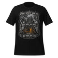 Black unisex graphic tee with centered fantasy artwork and text on front