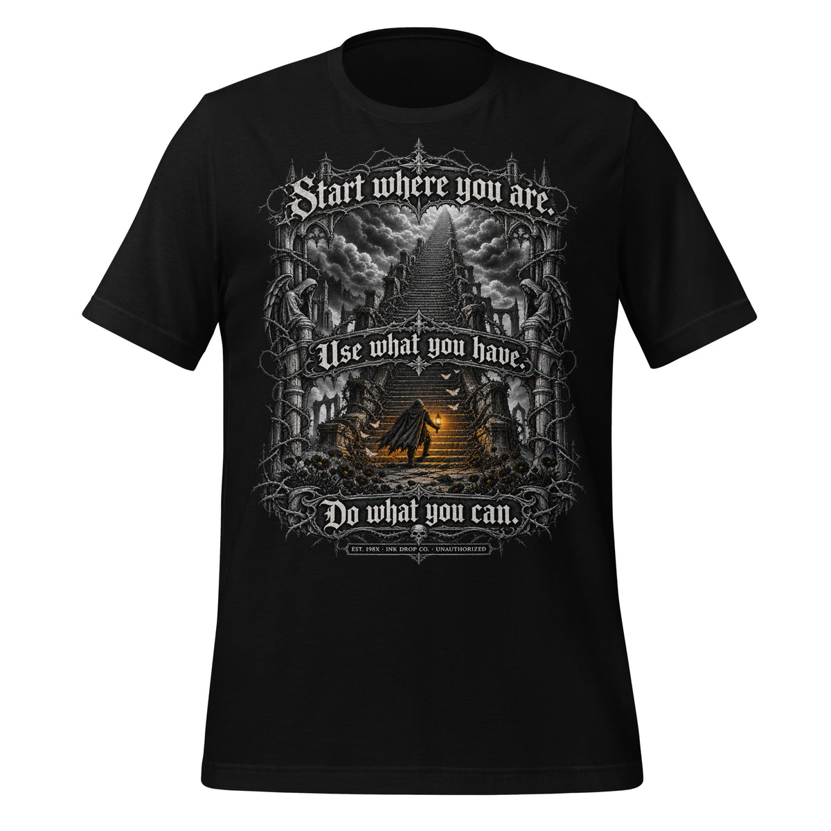 Black unisex graphic tee with centered fantasy artwork and text on front