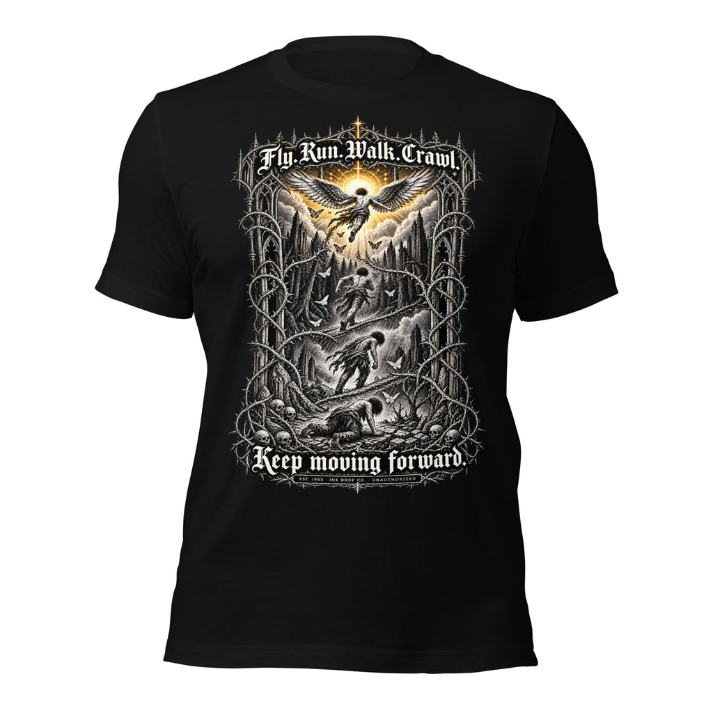 Black unisex graphic tee with front print of eagle and text, short sleeves.