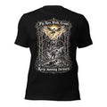 Black unisex graphic tee with front print of eagle and text, short sleeves.