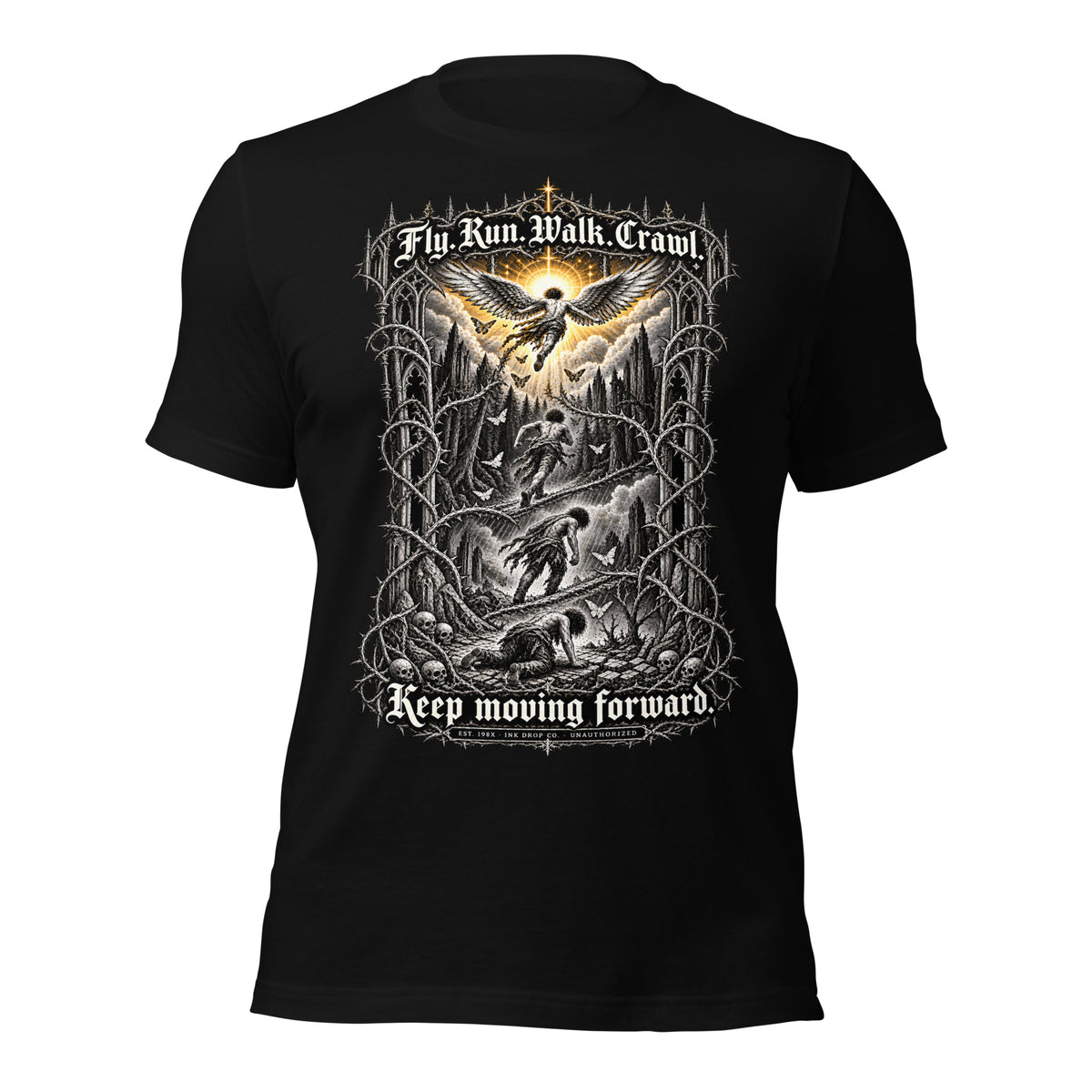 Black unisex graphic tee with front print of eagle and text, short sleeves.