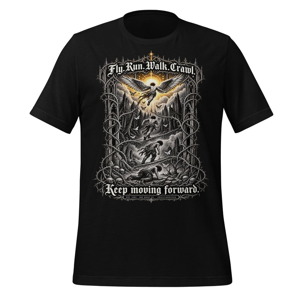 Black unisex graphic tee with centered front print, eagle and fantasy artwork, short sleeves.