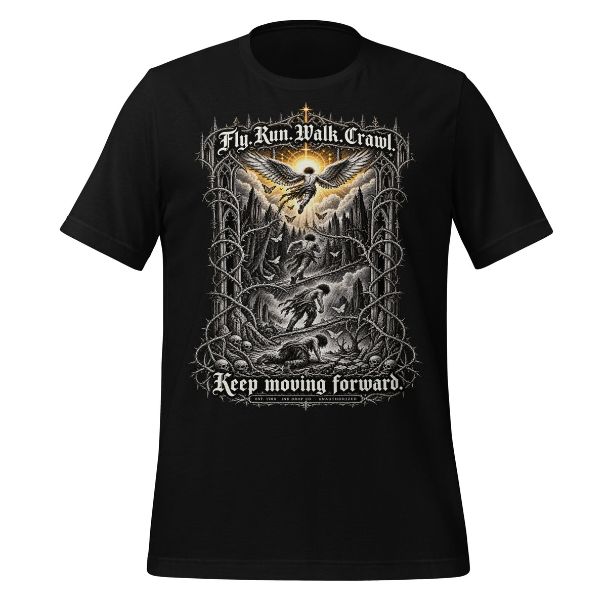 Black unisex graphic tee with centered front print, eagle and fantasy artwork, short sleeves.