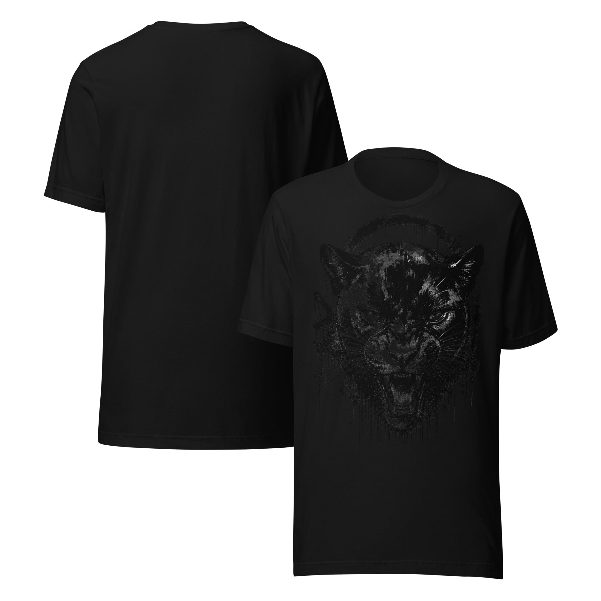 Men's panther ink splatter T-shirt, black, front/back with large panther print