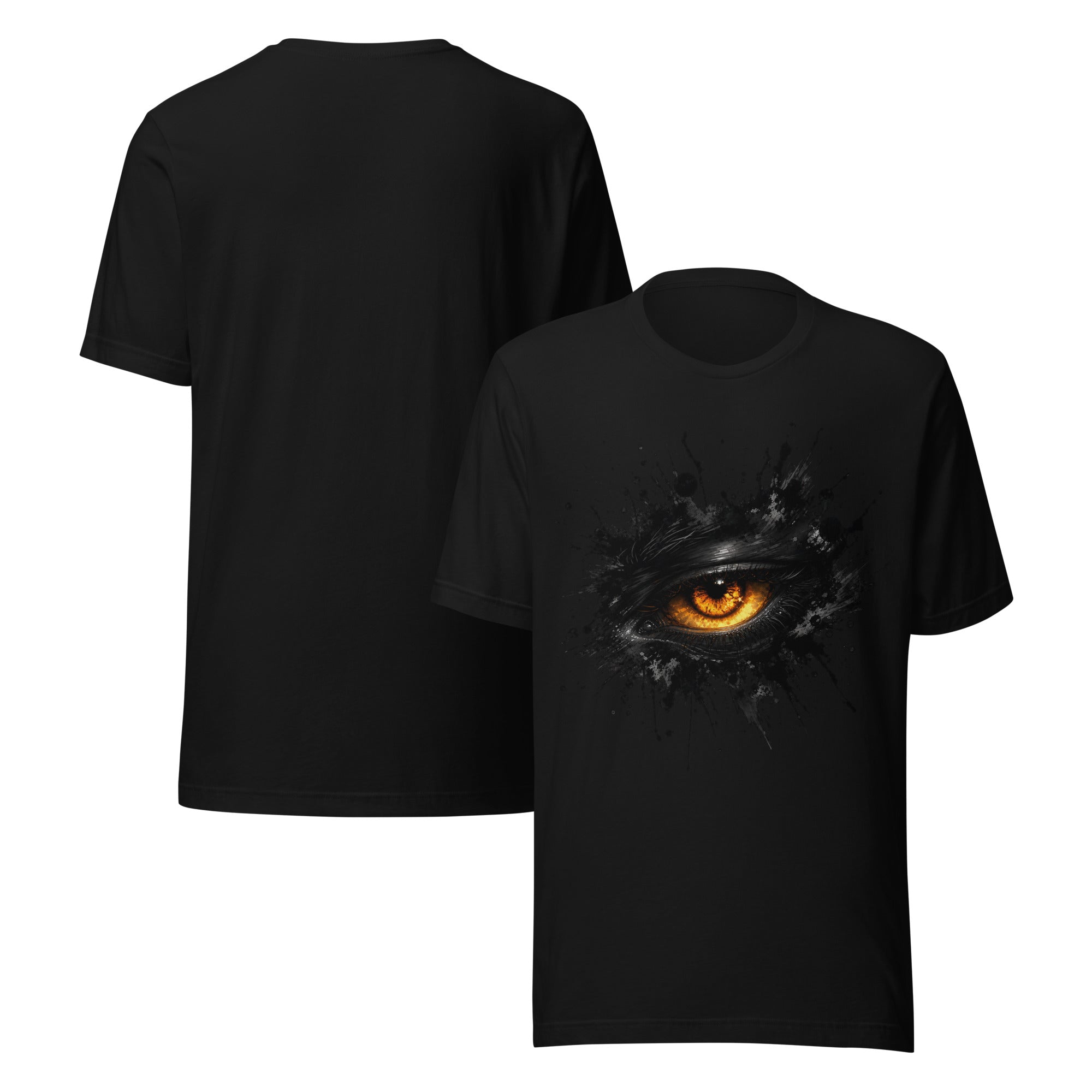 Black unisex T-shirt with glowing eye splash graphic on the front