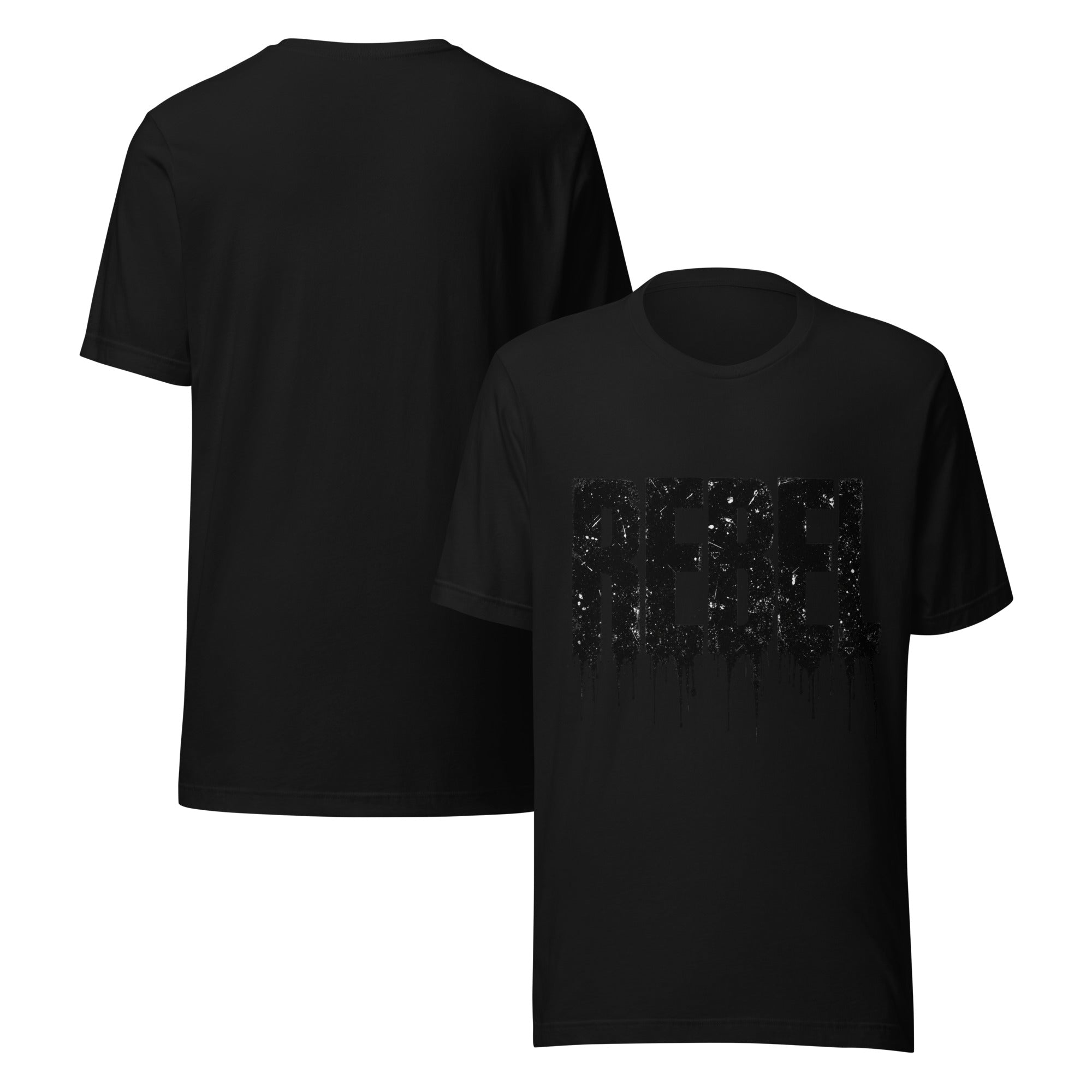 Black women's graphic t-shirt with REBEL dripping text, crew neck, short sleeves.