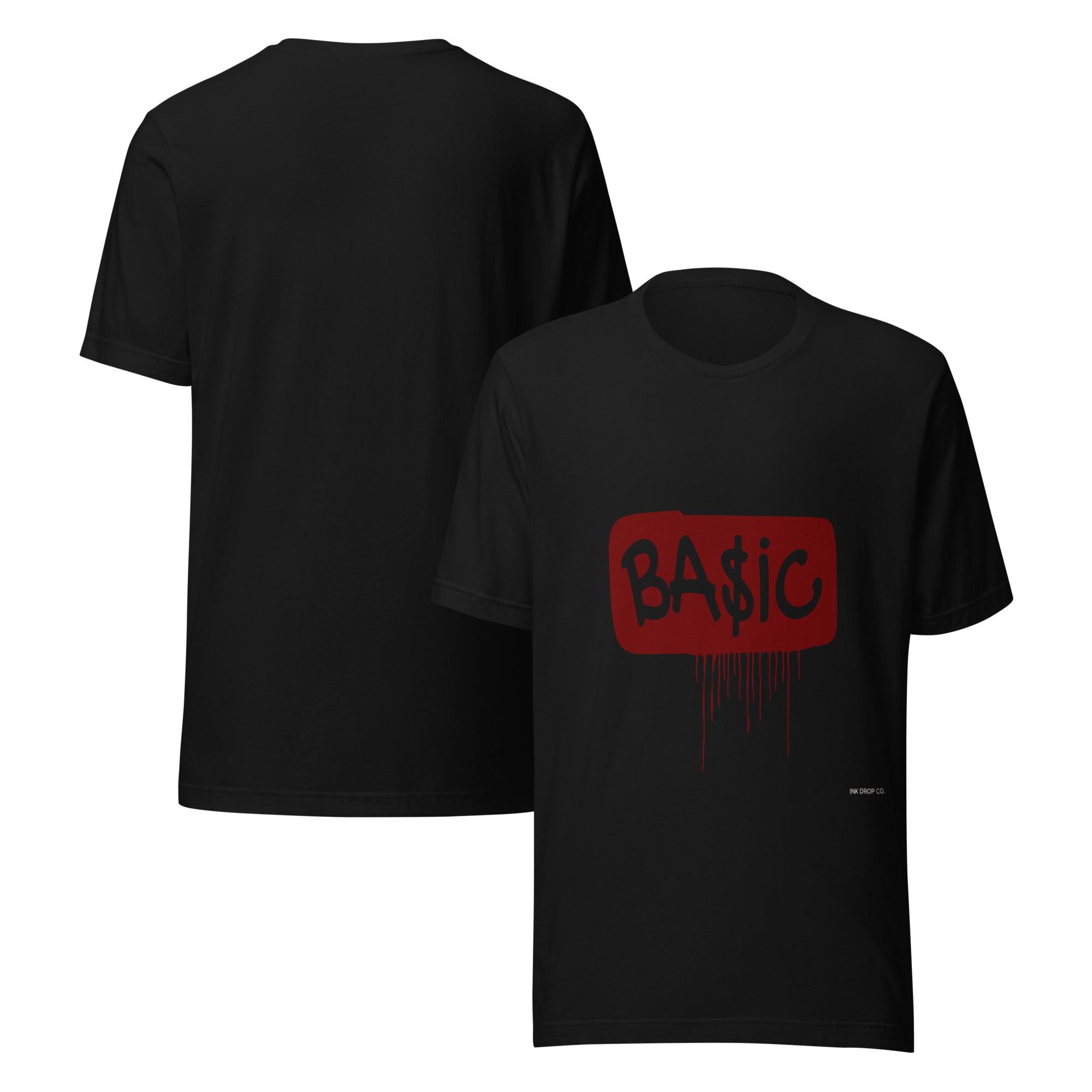 Women's graphic t-shirt, black with red BA$IC logo print on front