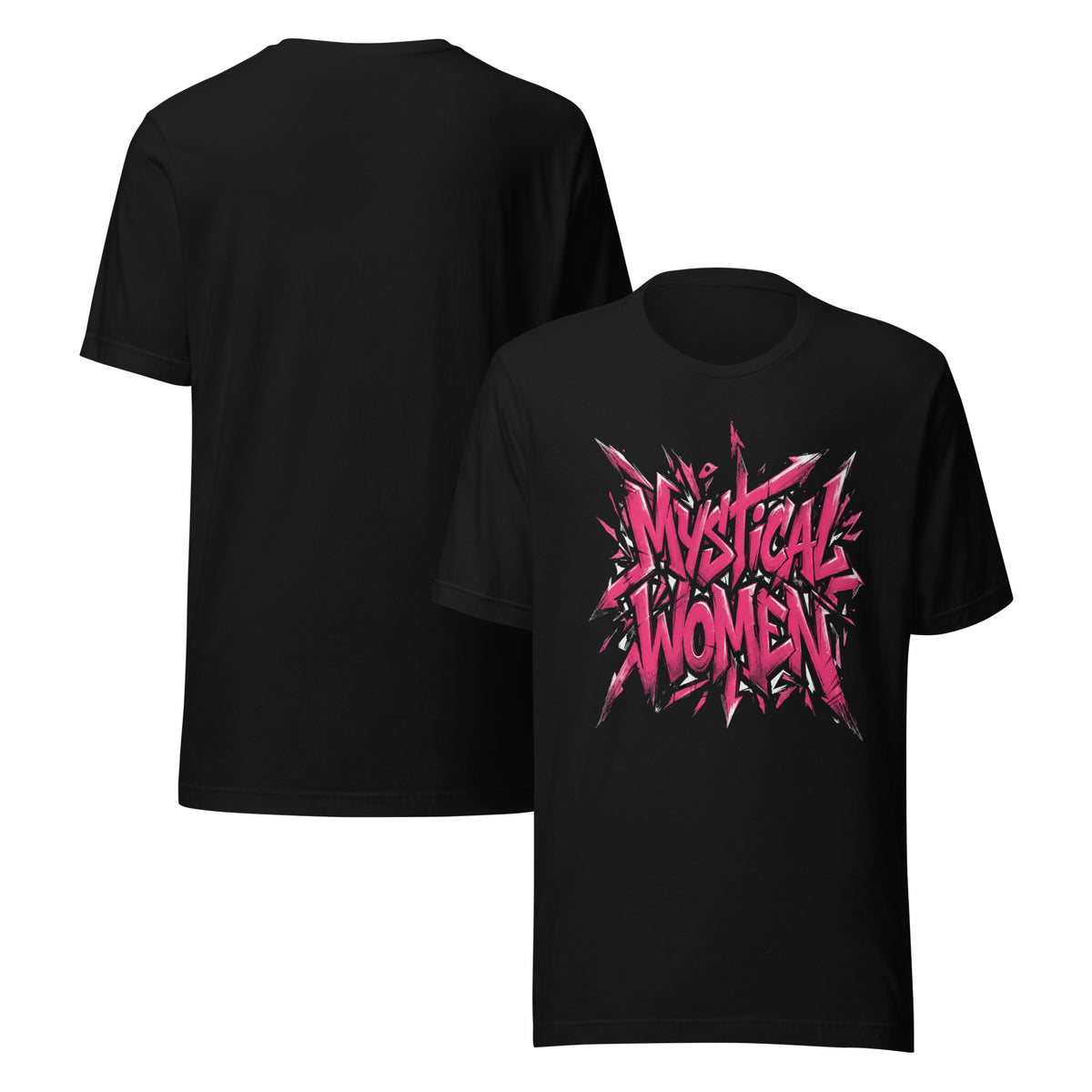 Black unisex T-shirt, front and back views; front shows pink 'Mystical Women' graphic