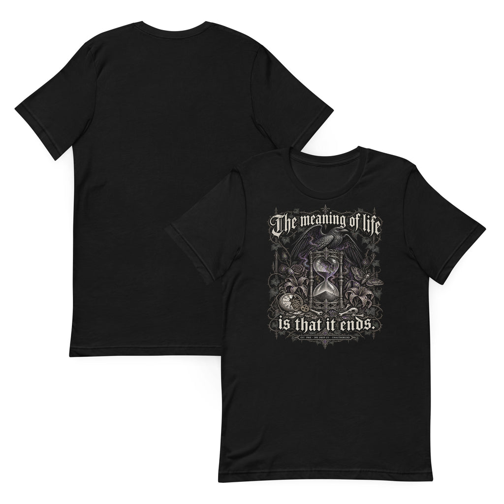 Pair of men's black graphic tees with ornate hourglass and gothic text front print