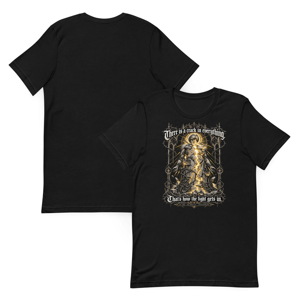 Pair of black unisex graphic tees; one plain, one with angel and text print.