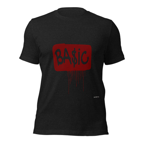 Women's graphic t-shirt, black with red BA$IC logo print on back