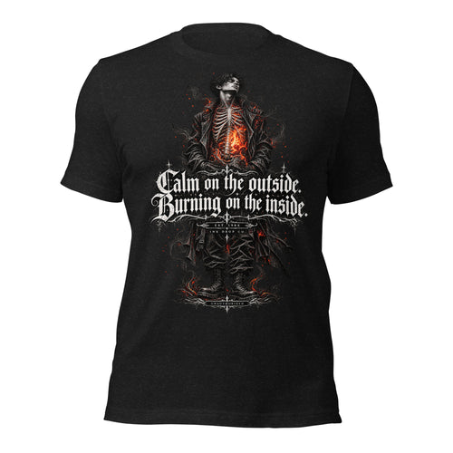 Black women's graphic T-shirt with front skull-warrior and glowing flames print