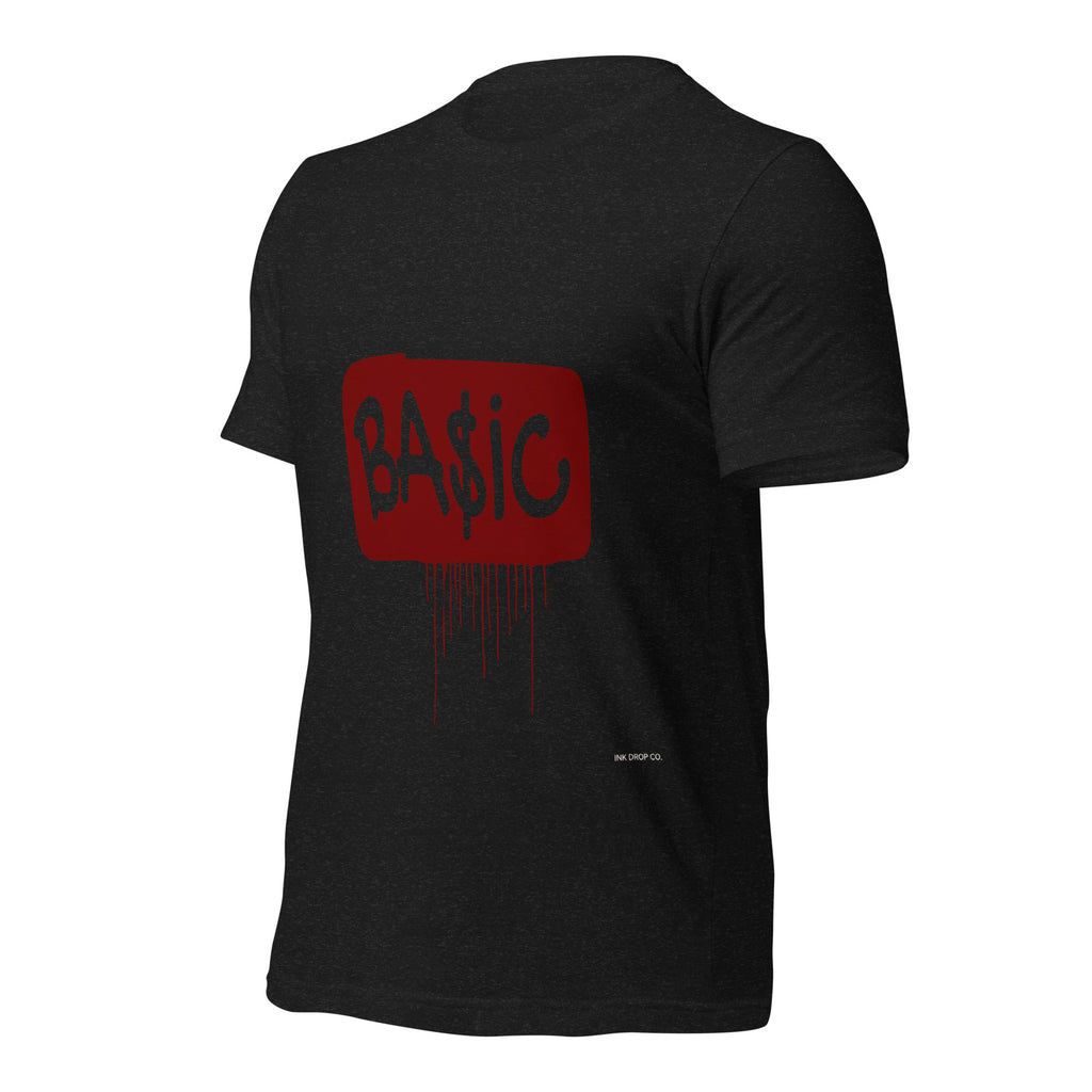 Women's graphic t-shirt, black with red BA$IC logo print on back