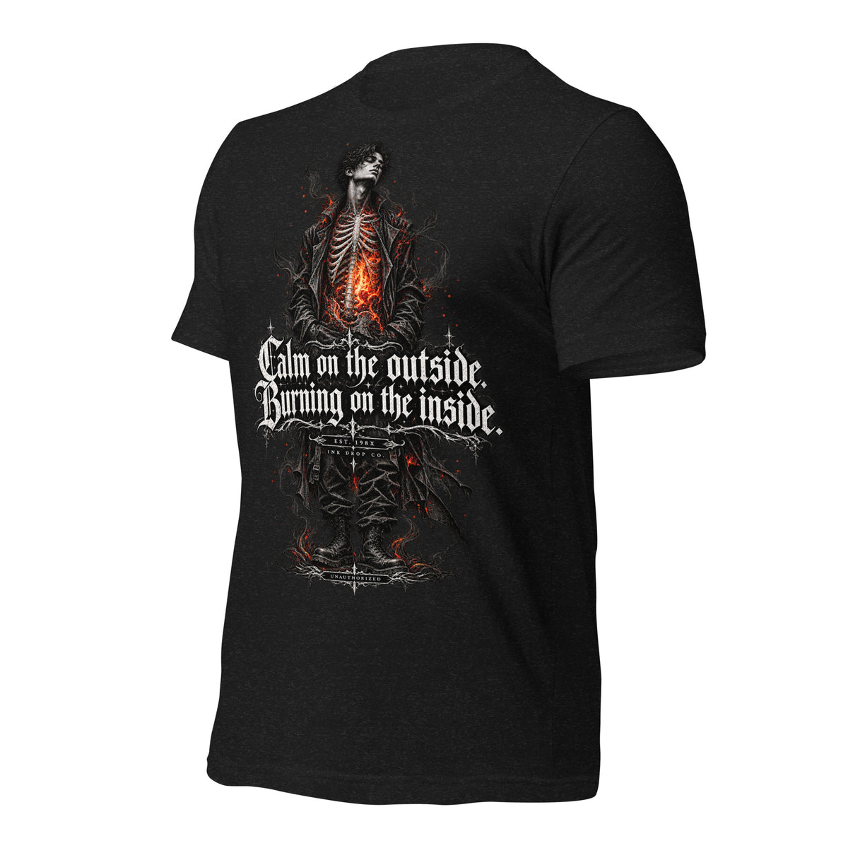 Black women's graphic T-shirt with back skull-warrior and flaming text graphic