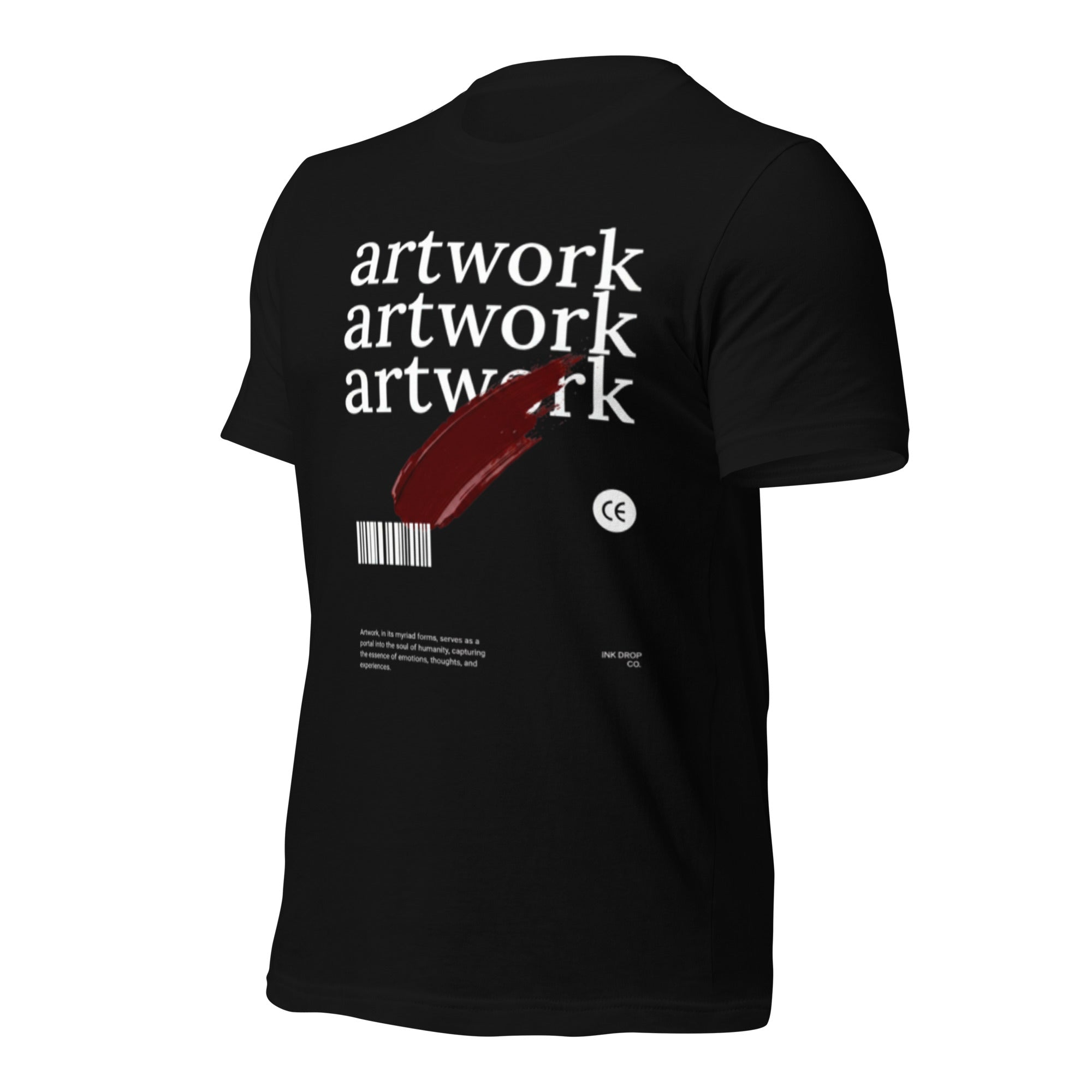Unisex graphic T-shirt, black, back view, white 'artwork' text and red slash graphic.