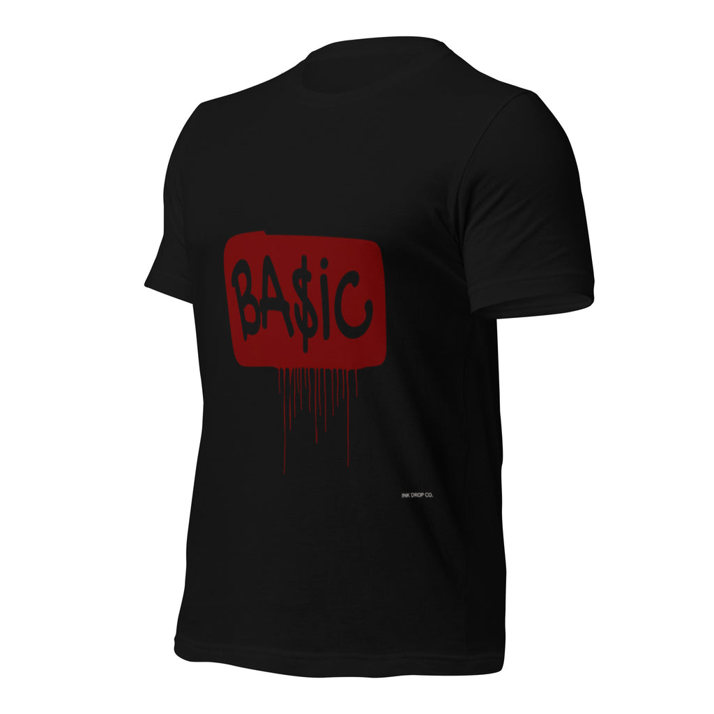 Black unisex graphic T-shirt with red 'BA$IC' logo box and drips on front